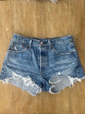 Levi's Premium 501 Distressed Light Blue Cutoff Denim Shorts
